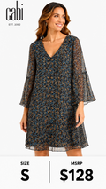 3 49 Cabi Small Sheer Floral Shift Dress Blue Brown Bell Sleeve