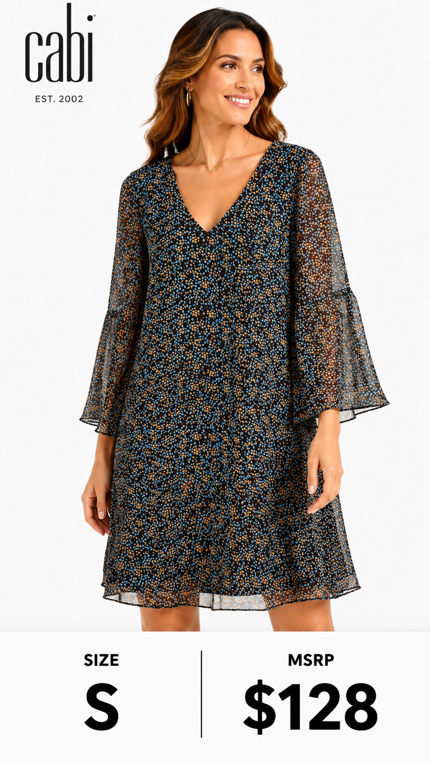 3 49 Cabi Small Sheer Floral Shift Dress Blue Brown Bell Sleeve