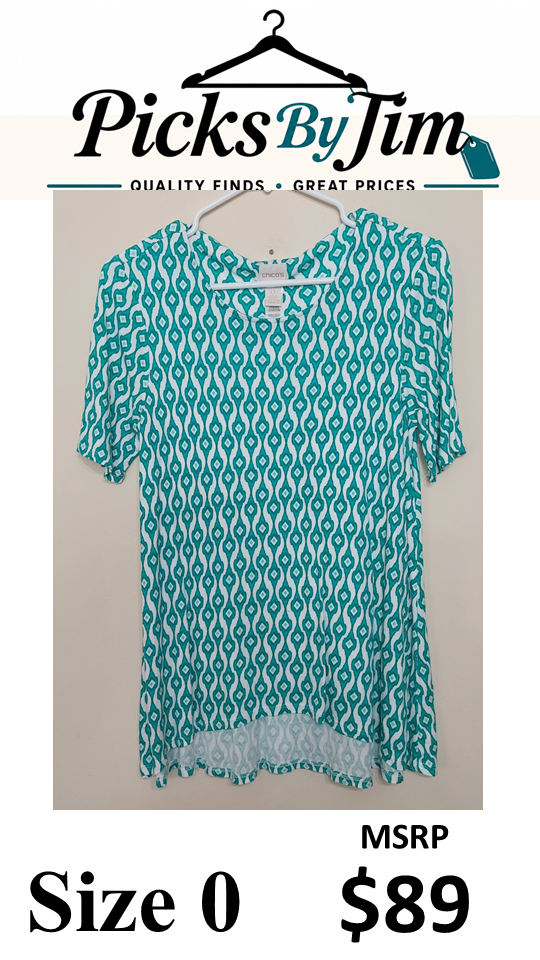 7 29 Chicos 0 Green White Print High Low Tunic Top