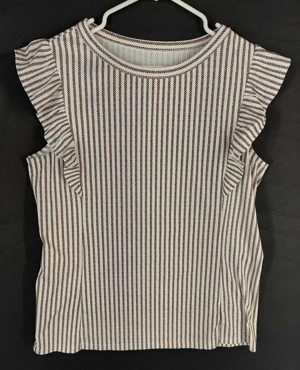8-29 Unbranded Striped Flutter Sleeve Top Size XL Cream Brown Stretch Blouse