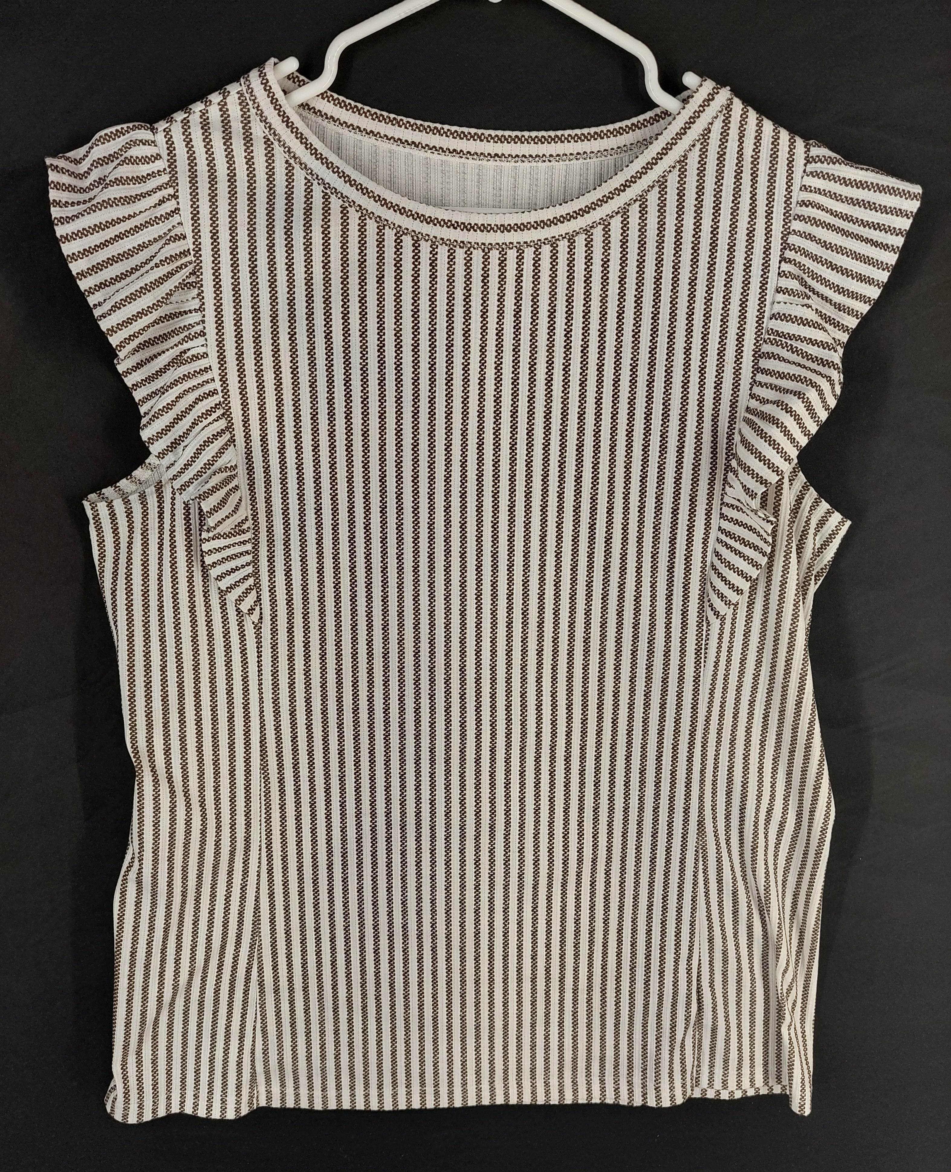 8-29 Unbranded Striped Flutter Sleeve Top Size XL Cream Brown Stretch Blouse