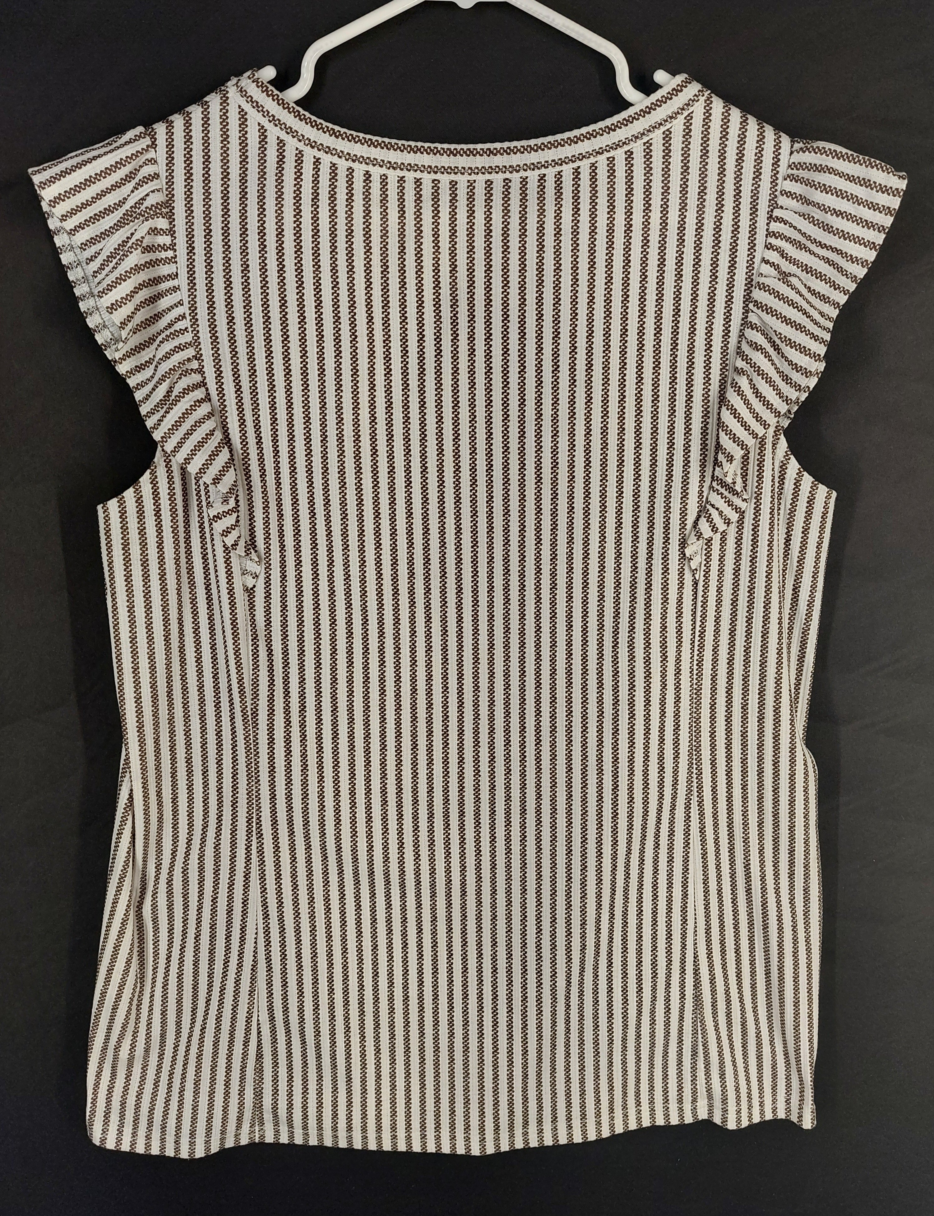 8-29 Unbranded Striped Flutter Sleeve Top Size XL Cream Brown Stretch Blouse