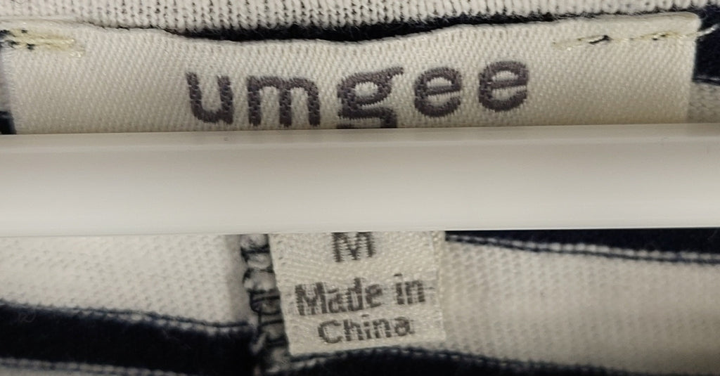 9-29 Umgee Size M Ivory Navy Striped Oversized Top Fringe Hem Pocket Boho