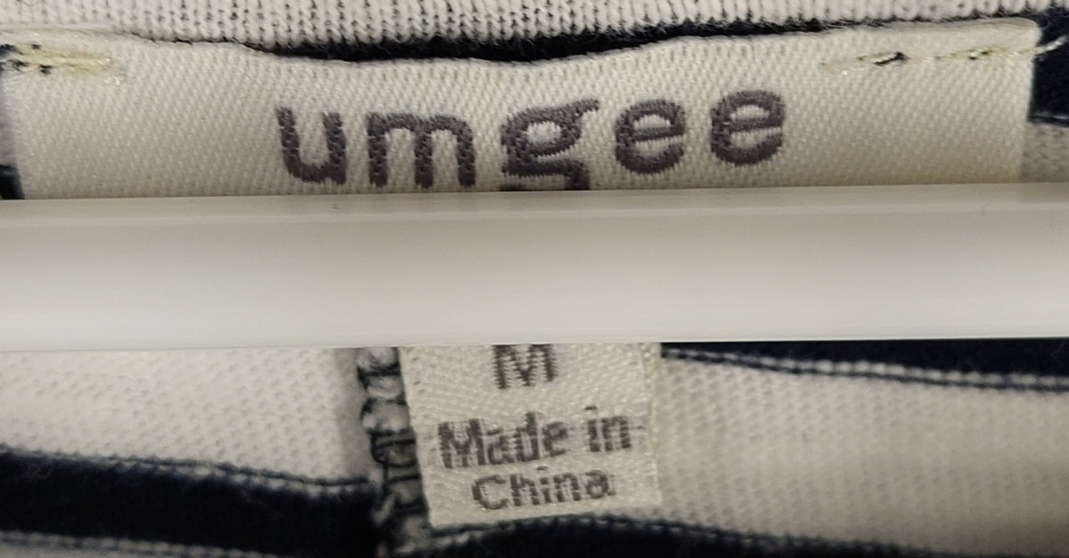 9-29 Umgee Size M Ivory Navy Striped Oversized Top Fringe Hem Pocket Boho