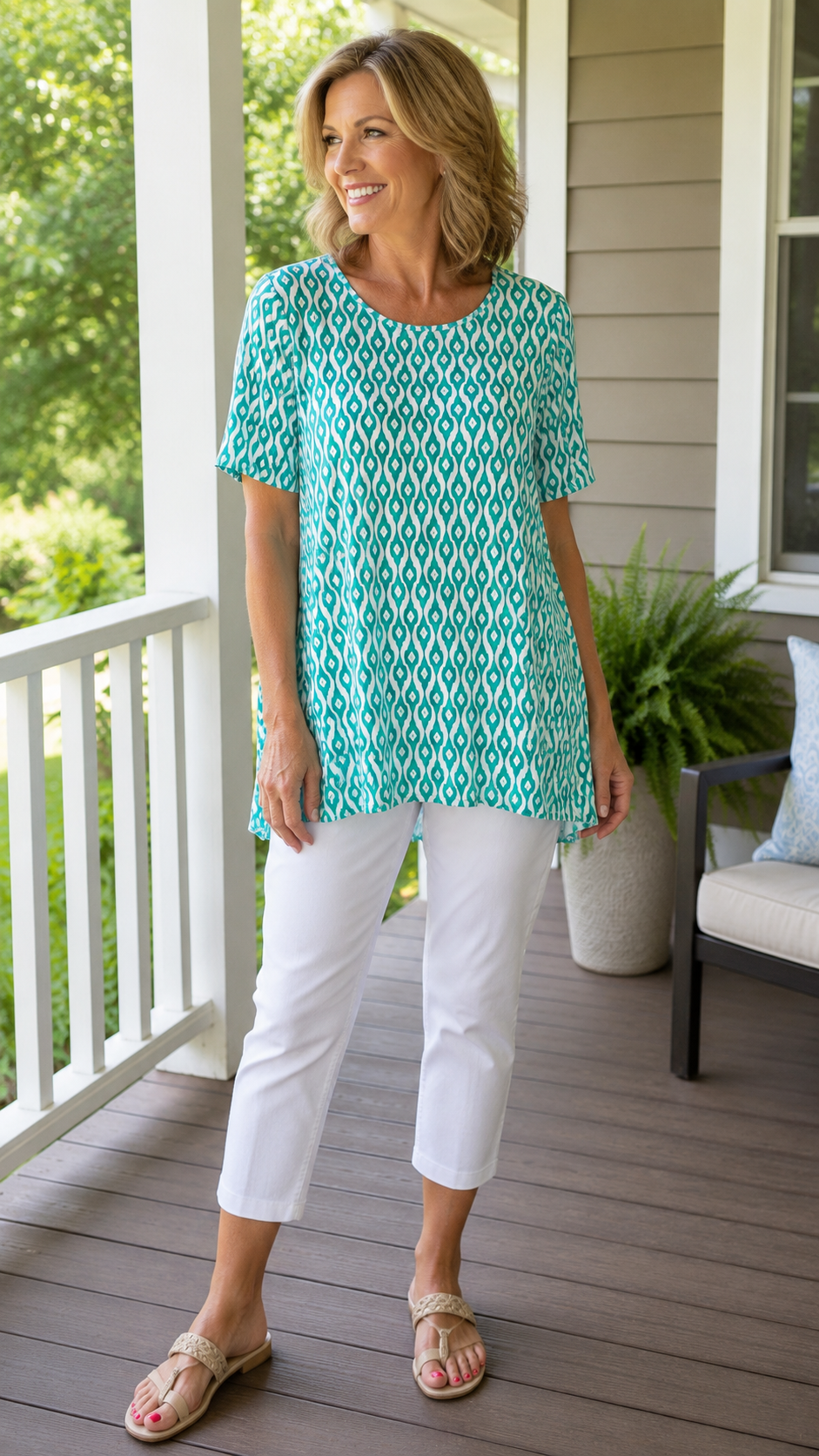7 29 Chicos 0 Green White Print High Low Tunic Top