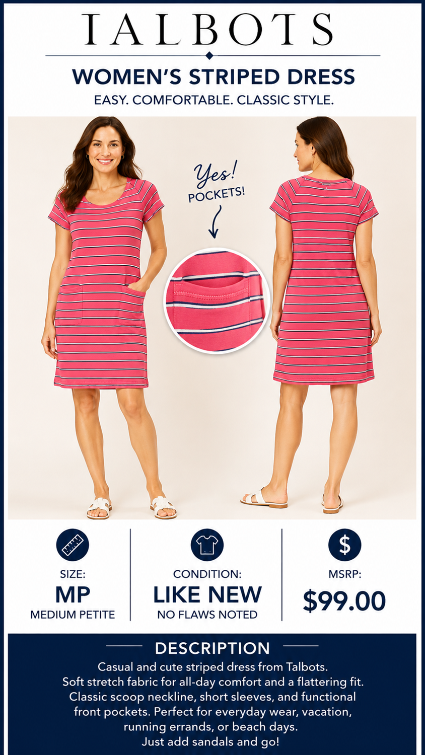 2 34 Talbots Dress Horz Stripes Pink blue white Size M Petite