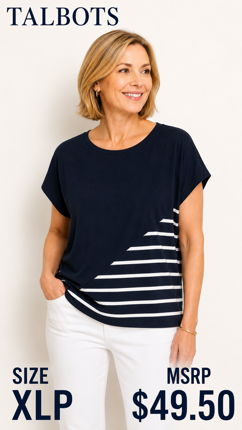5 29 Talbots Navy White Stripe Dolman Top XL Petite