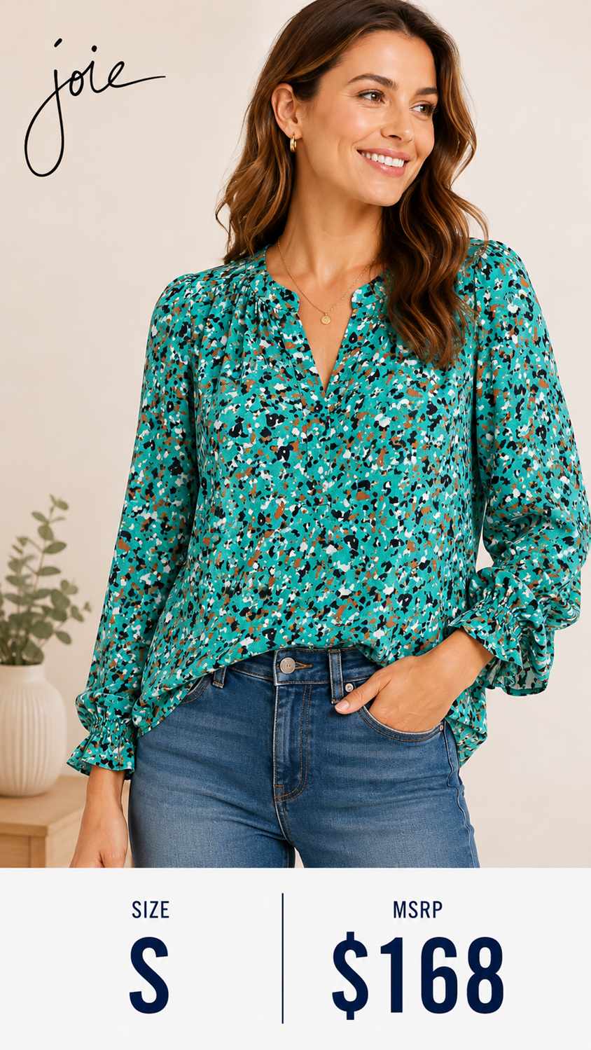 4 43 Joie Size S Abstract Print Peasant Blouse Aqua