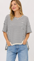 9-29 Umgee Size M Ivory Navy Striped Oversized Top Fringe Hem Pocket Boho