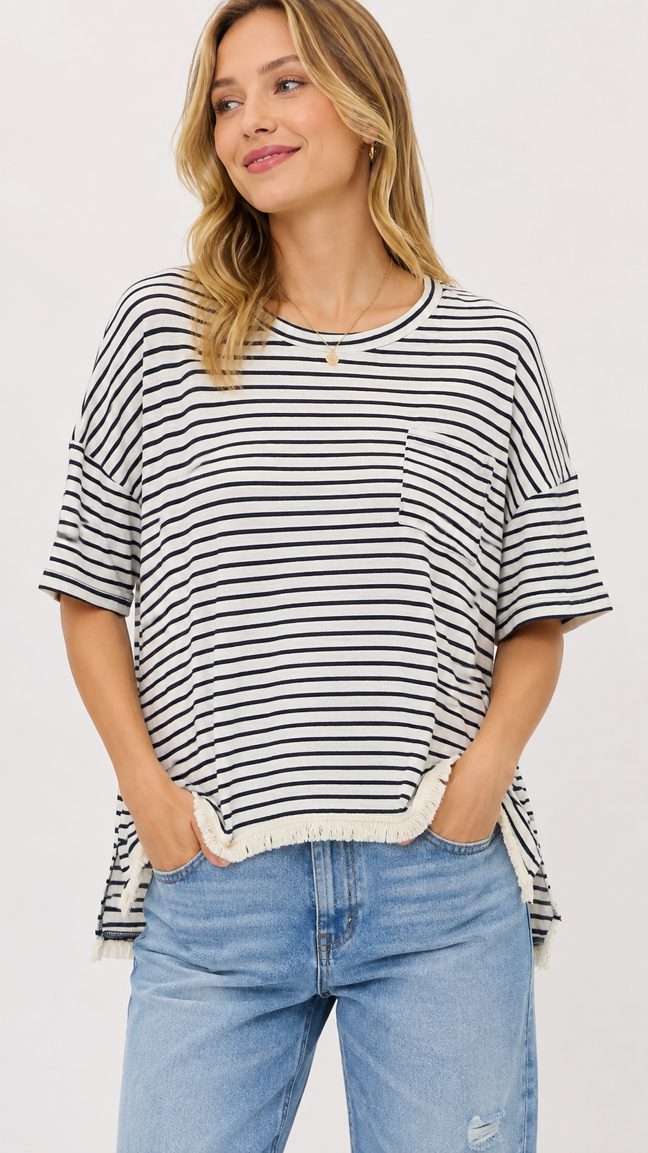 9-29 Umgee Size M Ivory Navy Striped Oversized Top Fringe Hem Pocket Boho