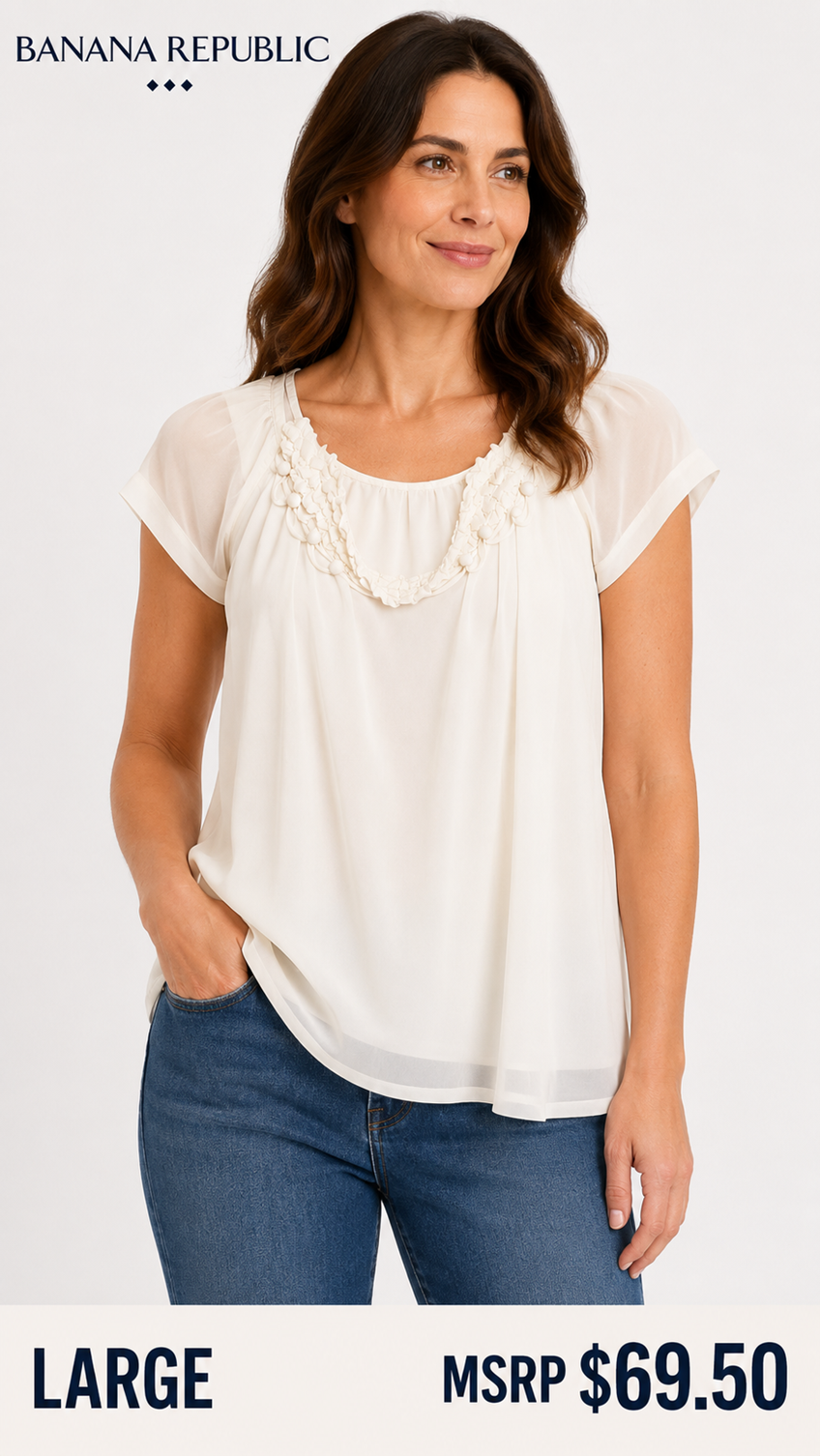 6 02 Banana Republic Large White Embellished Chiffon Blouse Womens