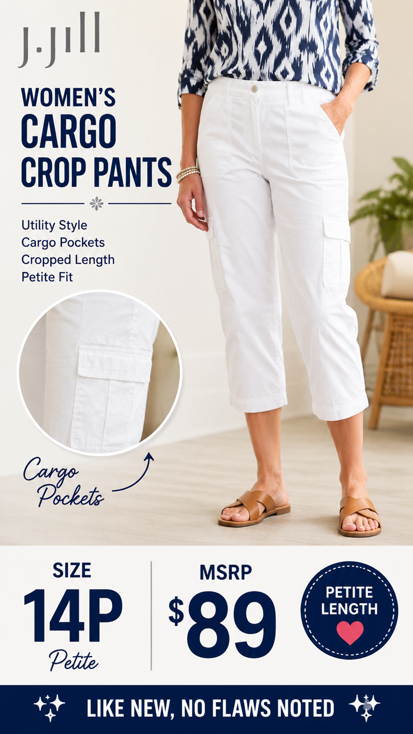 3 52 J.Jill Size 14 Petite Cargo Crop Pants White Utility Cargo Pocket Cropped Pants Comfortable summer staple with versatile everyday styling