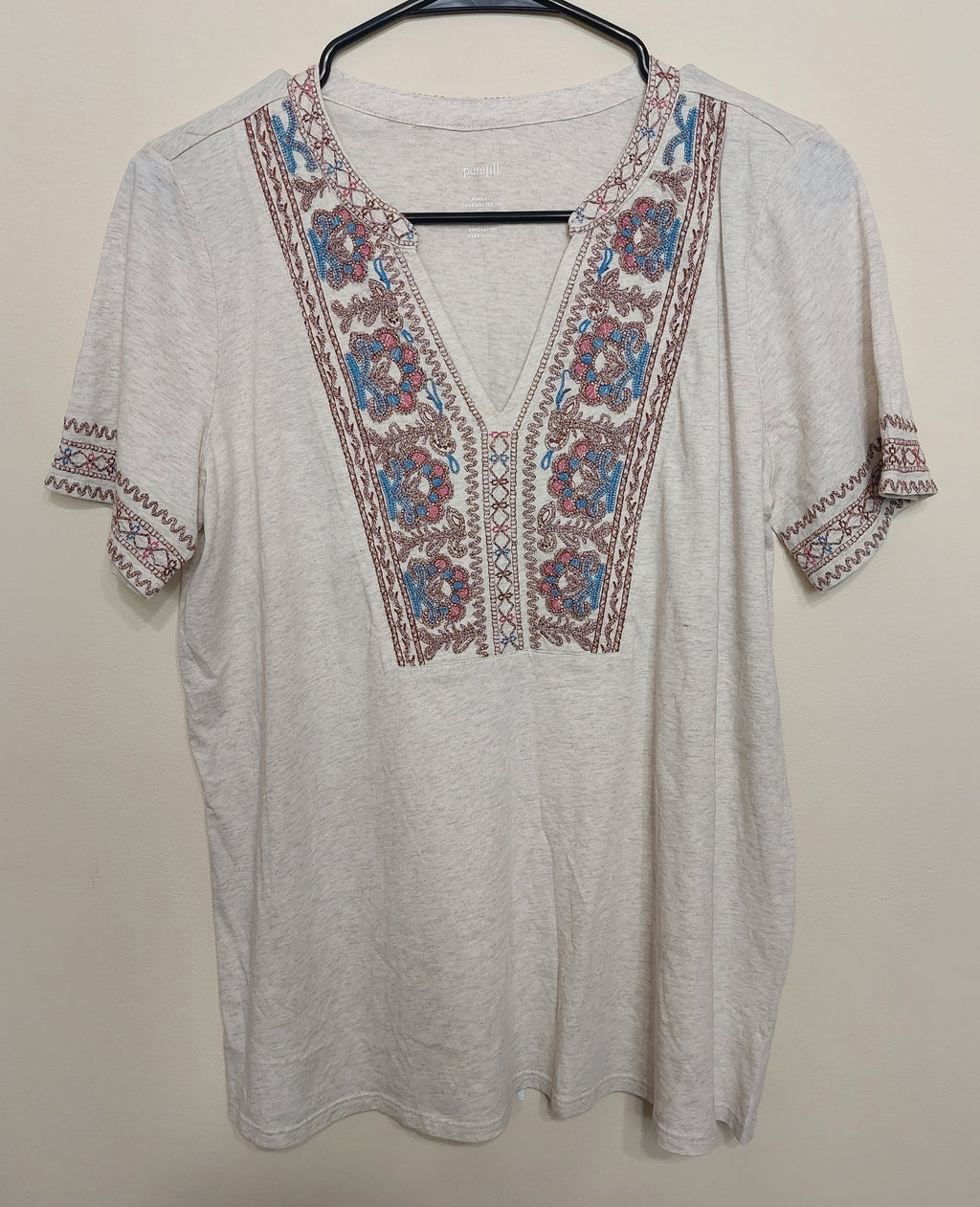 5 30 Pure Jill Embroidered Tee Cream Boho Short Sleeve Size S