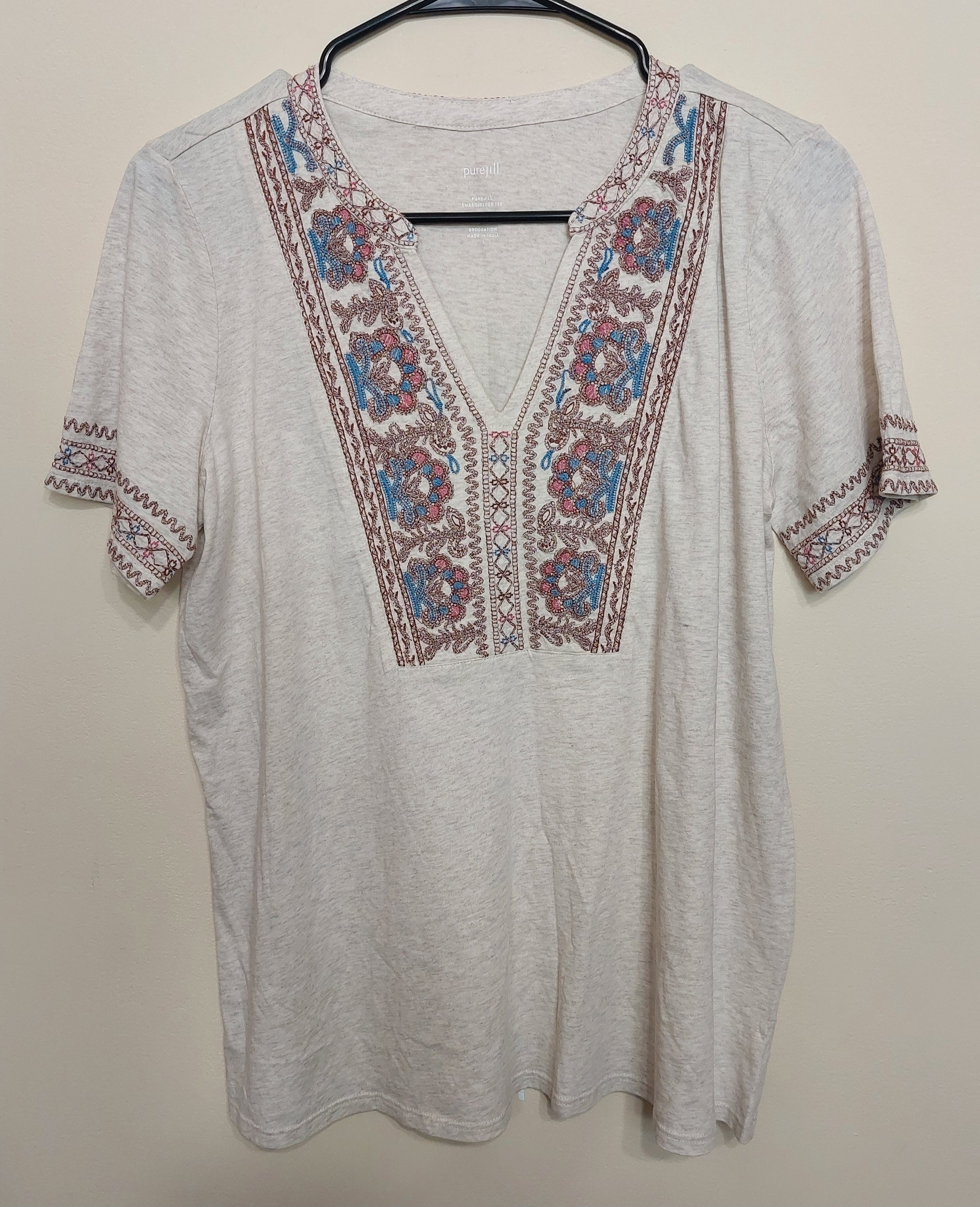 5 30 Pure Jill Embroidered Tee Cream Boho Short Sleeve Size S