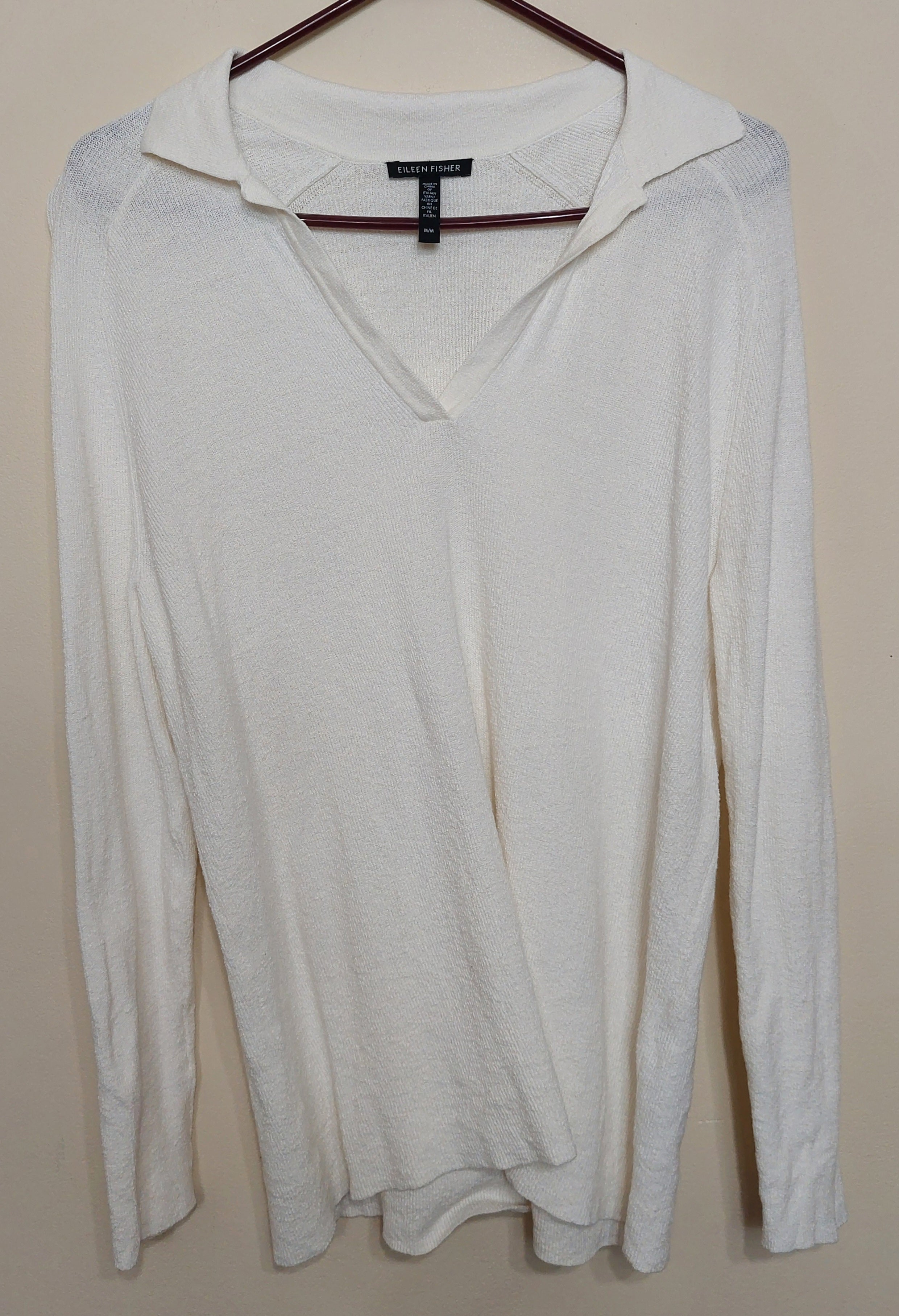 6 30 Eileen Fisher Italian Yarn Knit V Neck Collared Sweater Medium