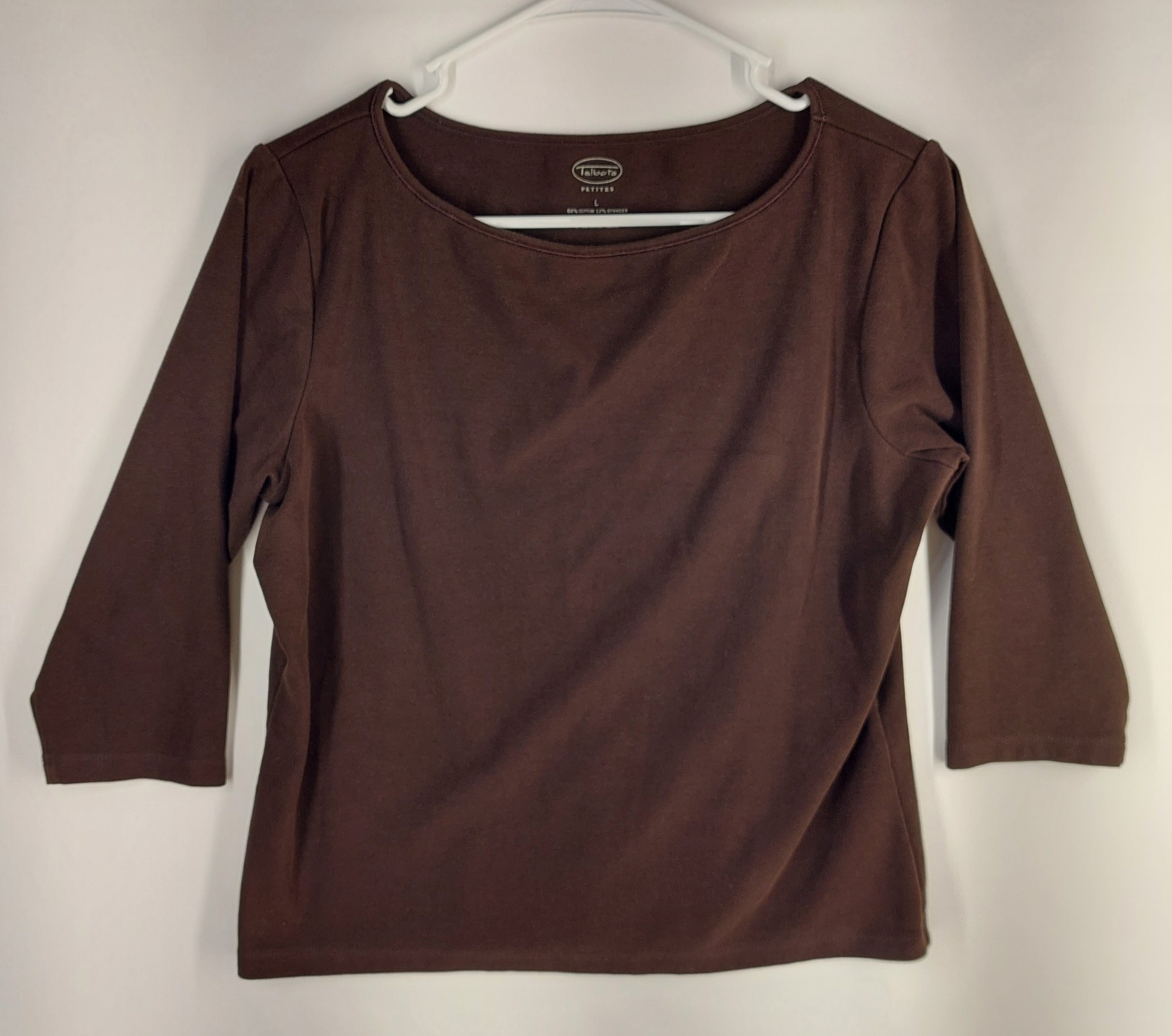 9-30 Talbots Petites Size L Brown 3/4 Sleeve Scoop Neck Cotton Stretch Top