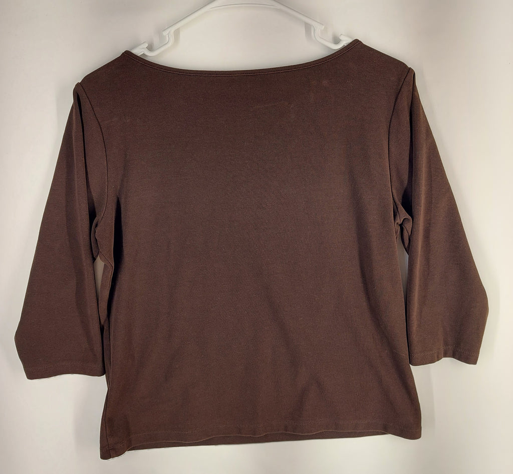 9-30 Talbots Petites Size L Brown 3/4 Sleeve Scoop Neck Cotton Stretch Top