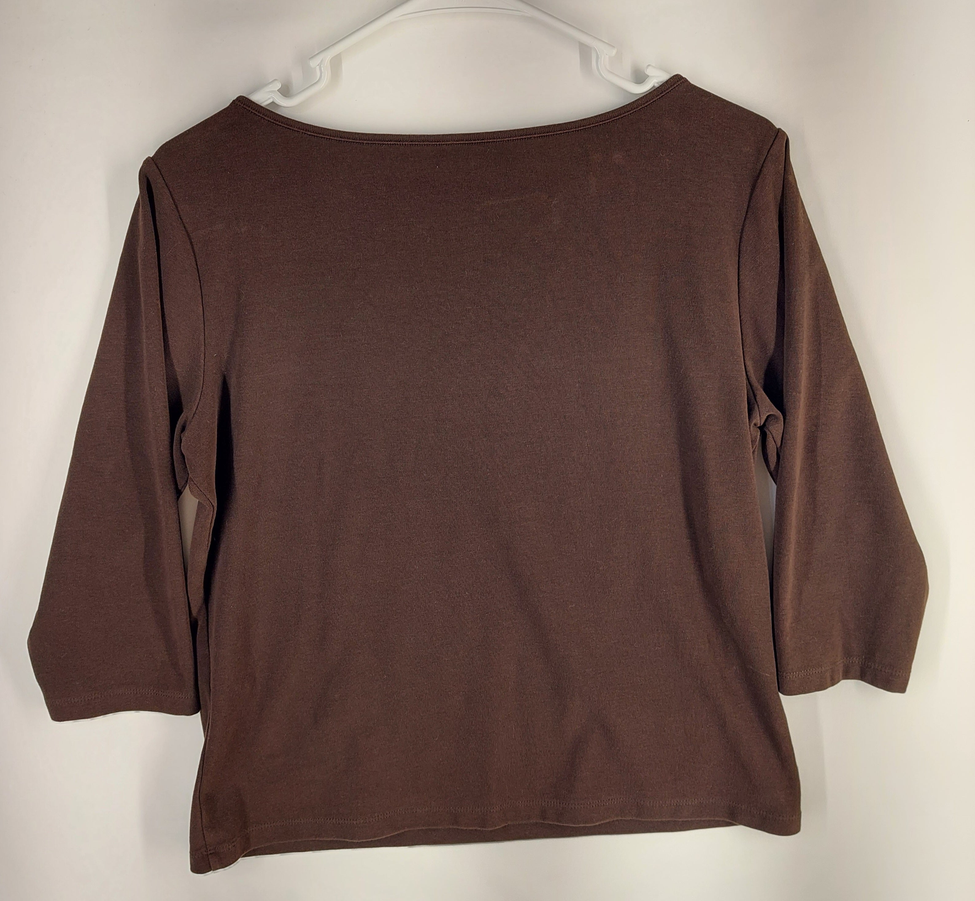 9-30 Talbots Petites Size L Brown 3/4 Sleeve Scoop Neck Cotton Stretch Top