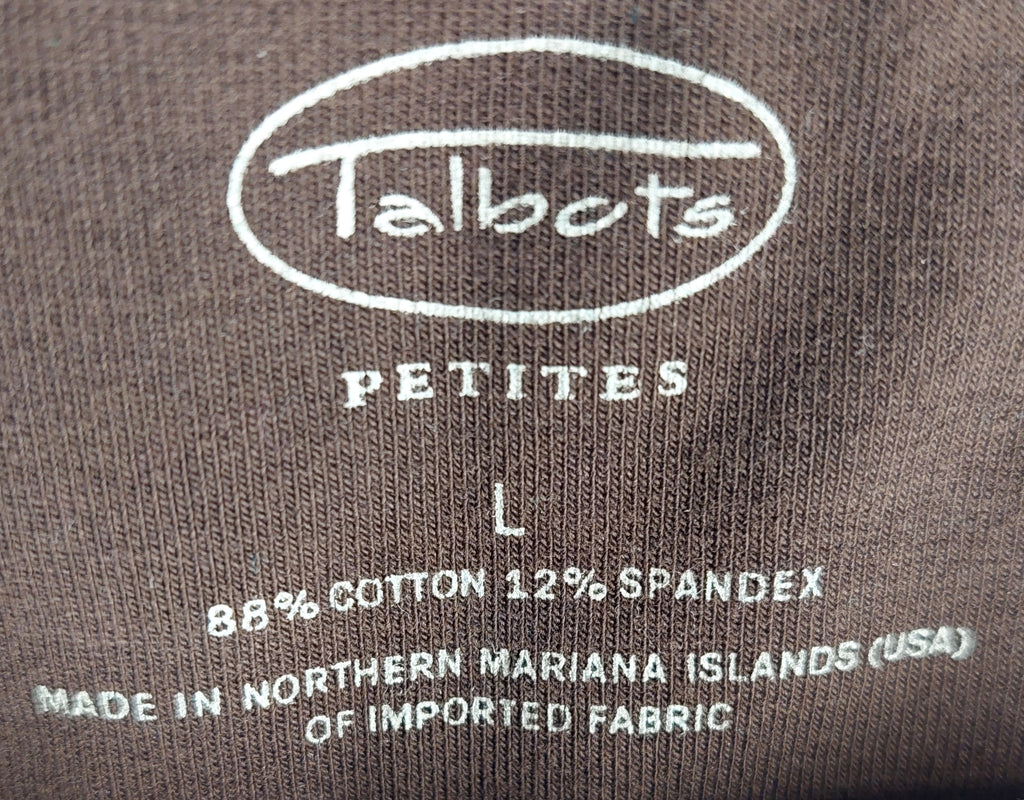 9-30 Talbots Petites Size L Brown 3/4 Sleeve Scoop Neck Cotton Stretch Top