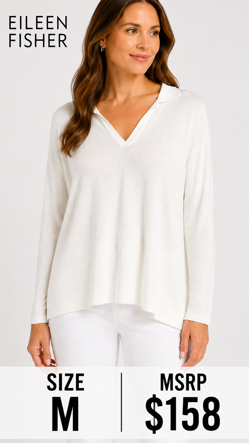 6 30 Eileen Fisher Italian Yarn Knit V Neck Collared Sweater Medium