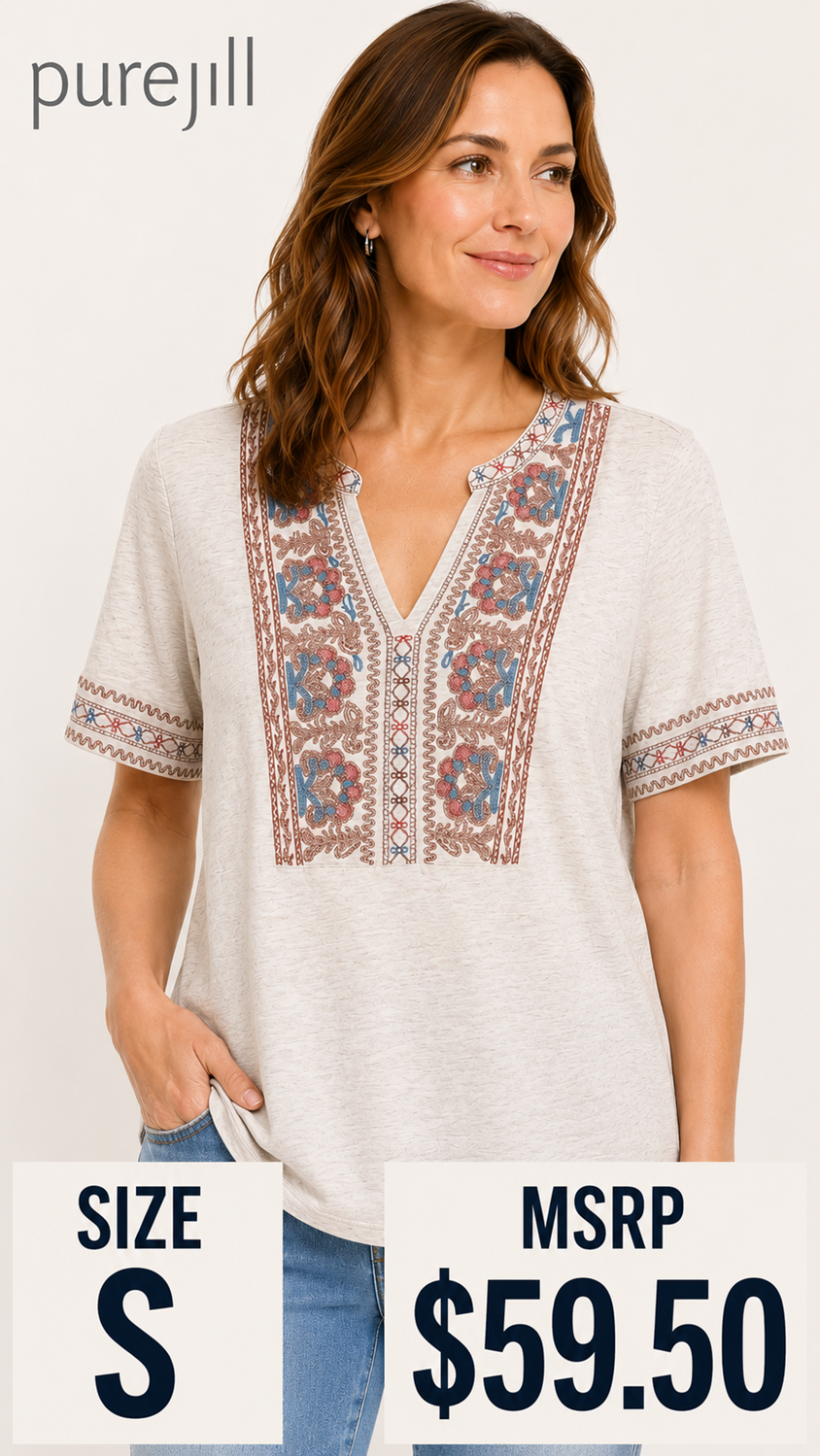 5 30 Pure Jill Embroidered Tee Cream Boho Short Sleeve Size S
