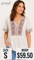 5 30 Pure Jill Embroidered Tee Cream Boho Short Sleeve Size S