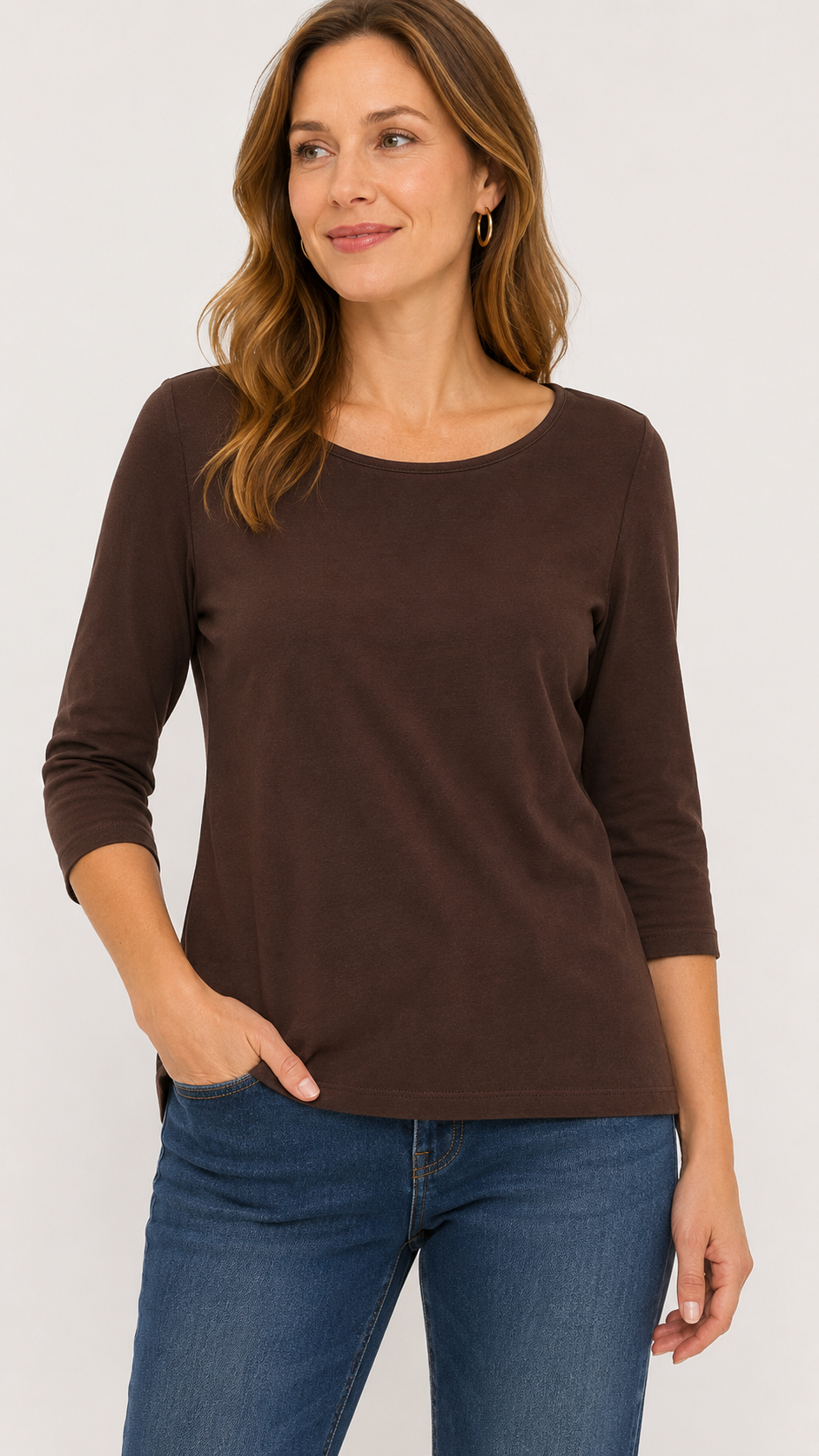 9-30 Talbots Petites Size L Brown 3/4 Sleeve Scoop Neck Cotton Stretch Top