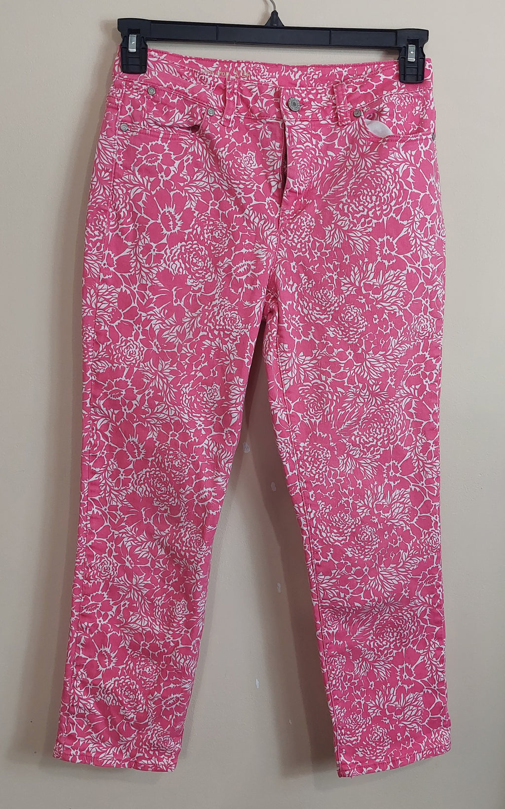 3 48 Talbots Size 2 26 Curvy Slim Crop Pants Pink White Floral Print Stretch Cotton Spring Statement Piece