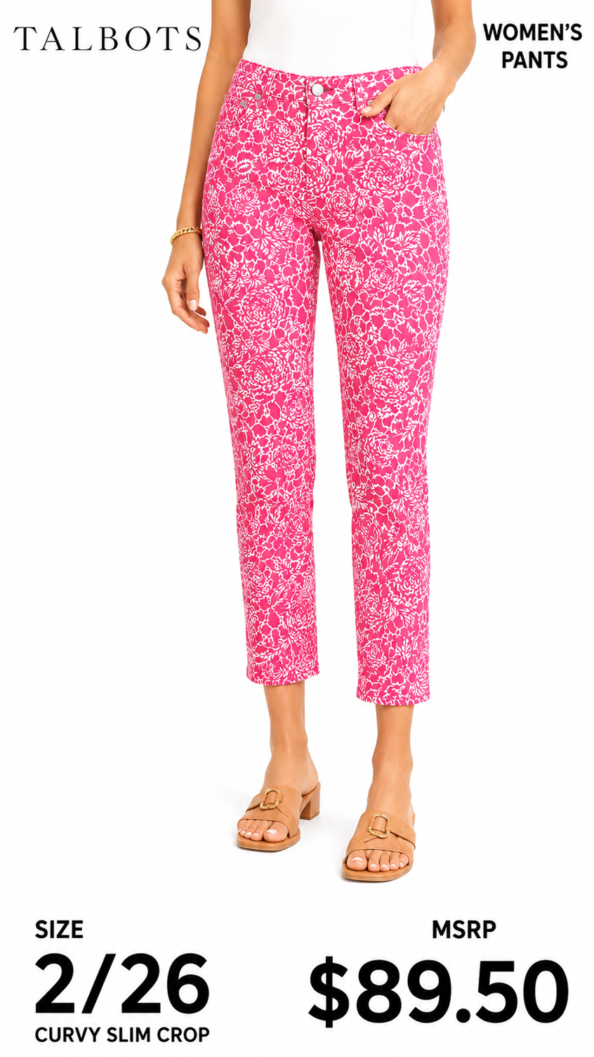 3 48 Talbots Size 2 26 Curvy Slim Crop Pants Pink White Floral Print Stretch Cotton Spring Statement Piece