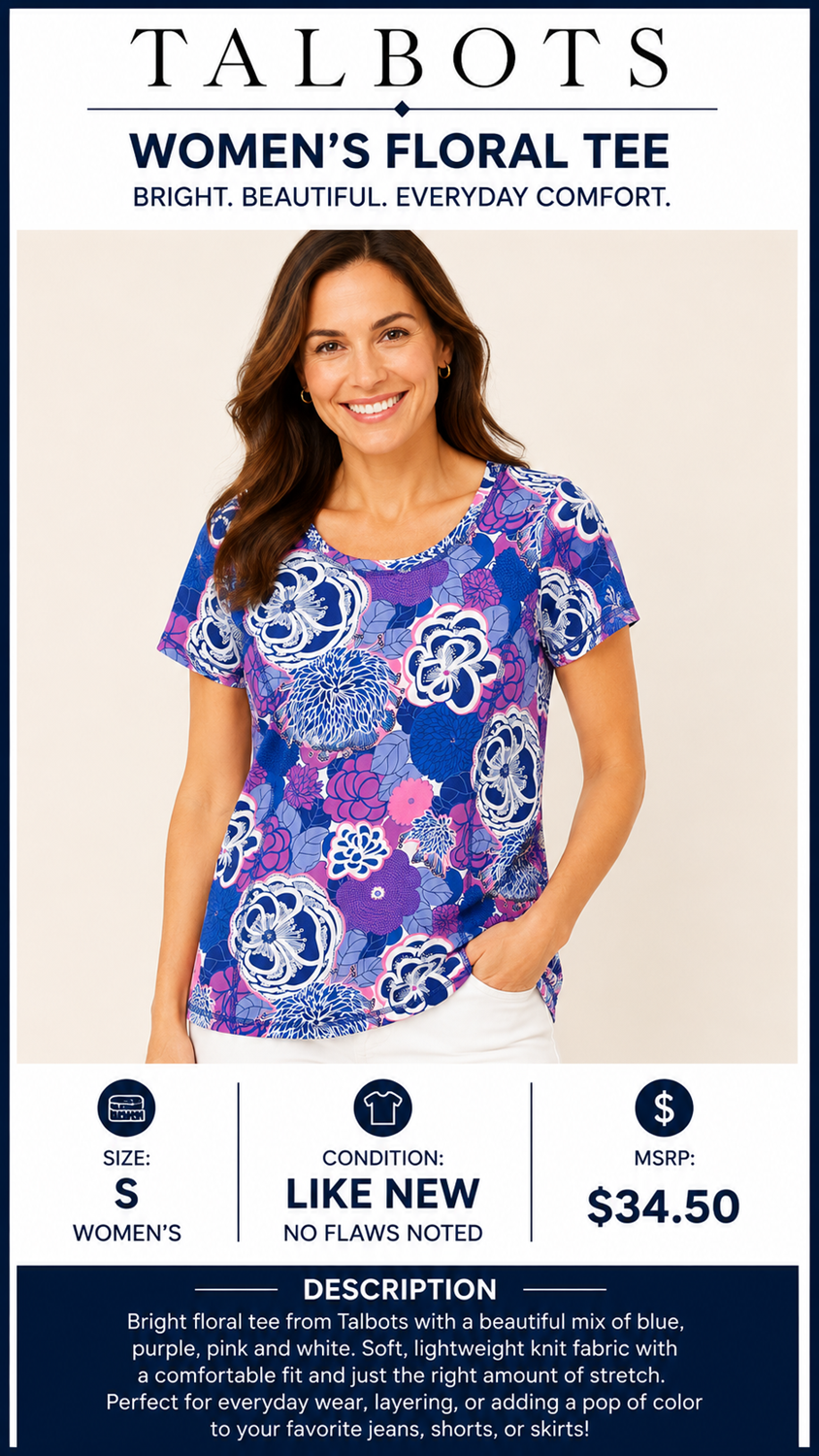 2 02 Talbots Floral Tee Blue Pink Size Small