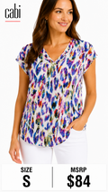 6 31 Cabi Feather Print V Neck Blouse Size S Colorful Cap Sleeve Top