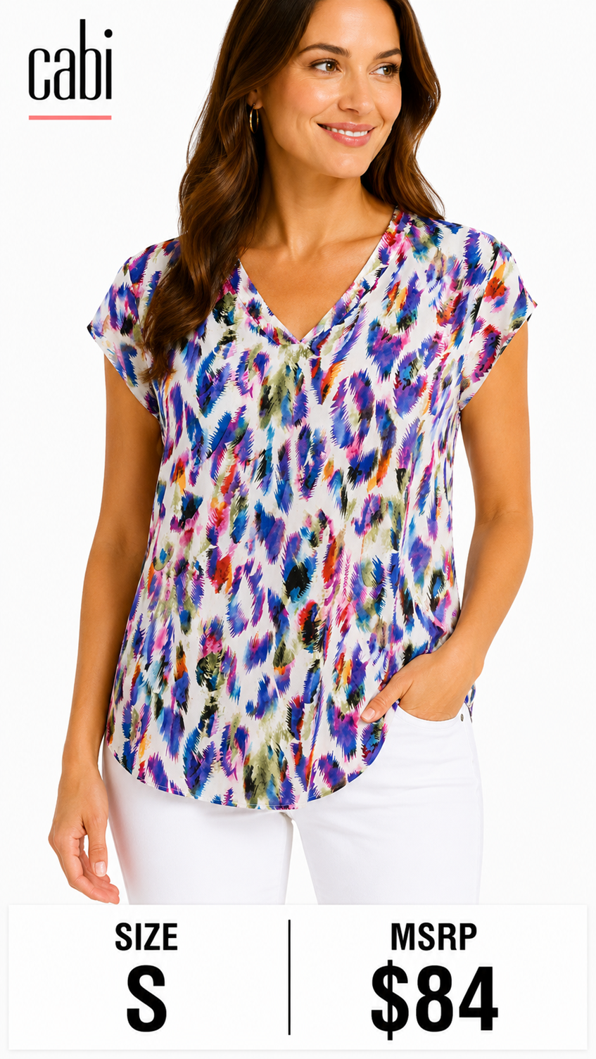 6 31 Cabi Feather Print V Neck Blouse Size S Colorful Cap Sleeve Top
