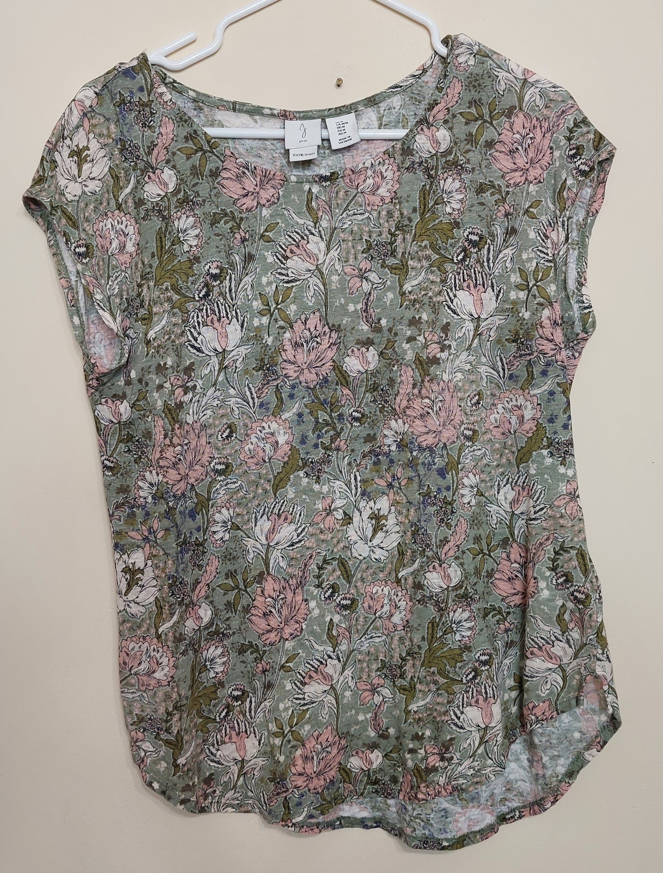 6 32 Joie 100 Linen Floral Print Cap Sleeve Blouse Medium