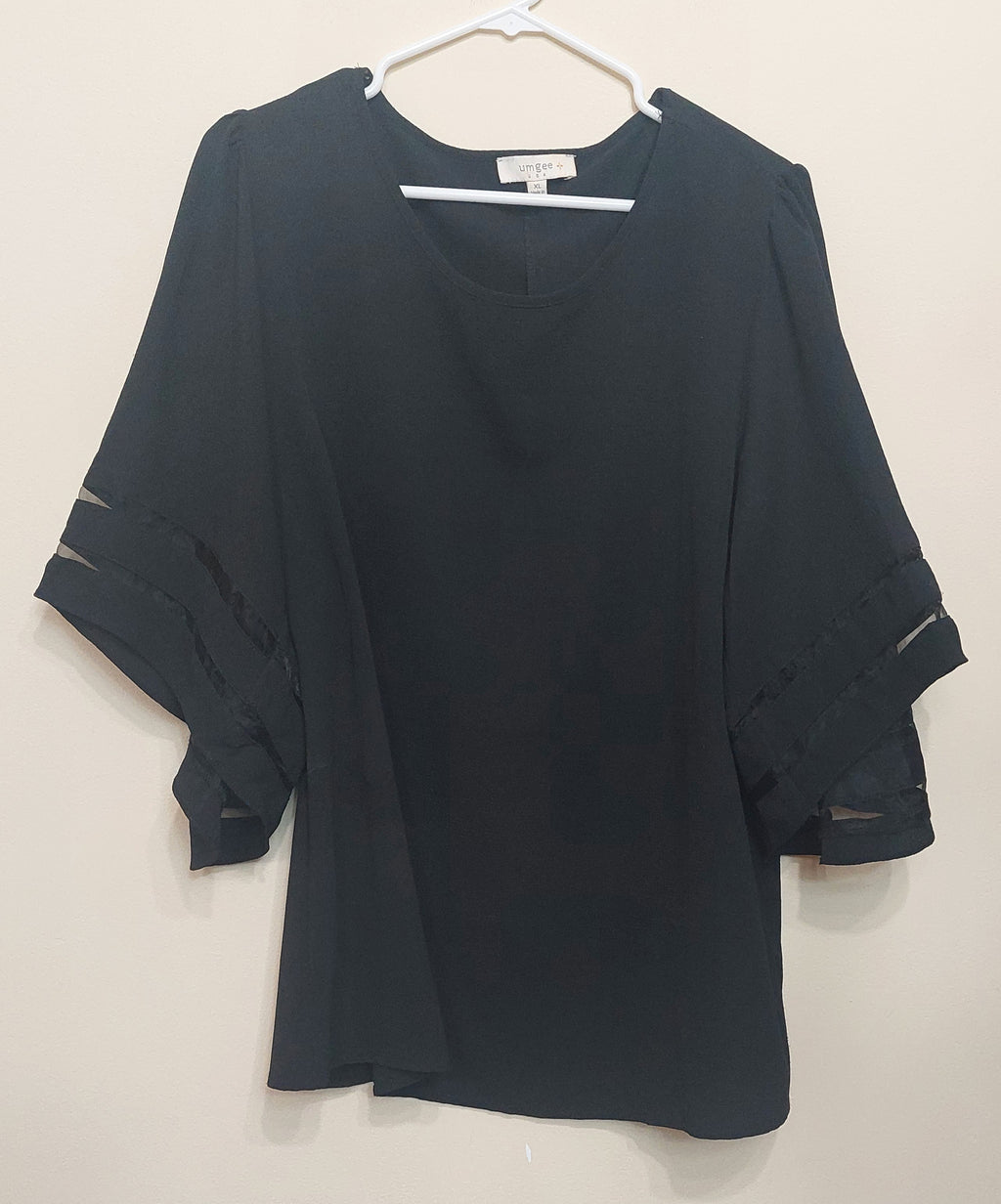4 08 Umgee XL Black Flutter Sleeve Blouse Sheer Detail