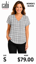 3 20 Cabi Size S Short Sleeve Blouse White Black Plaid Print V Neck
