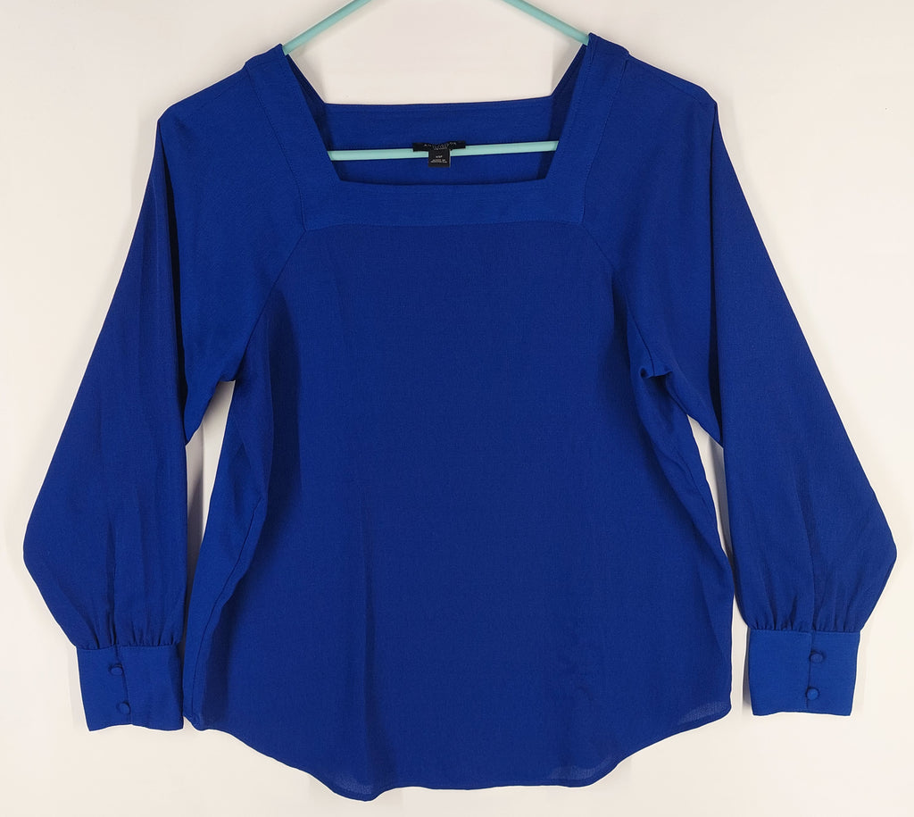 9-33 Ann Taylor Factory Petite Size XSP Blue Square Neck Long Sleeve Blouse