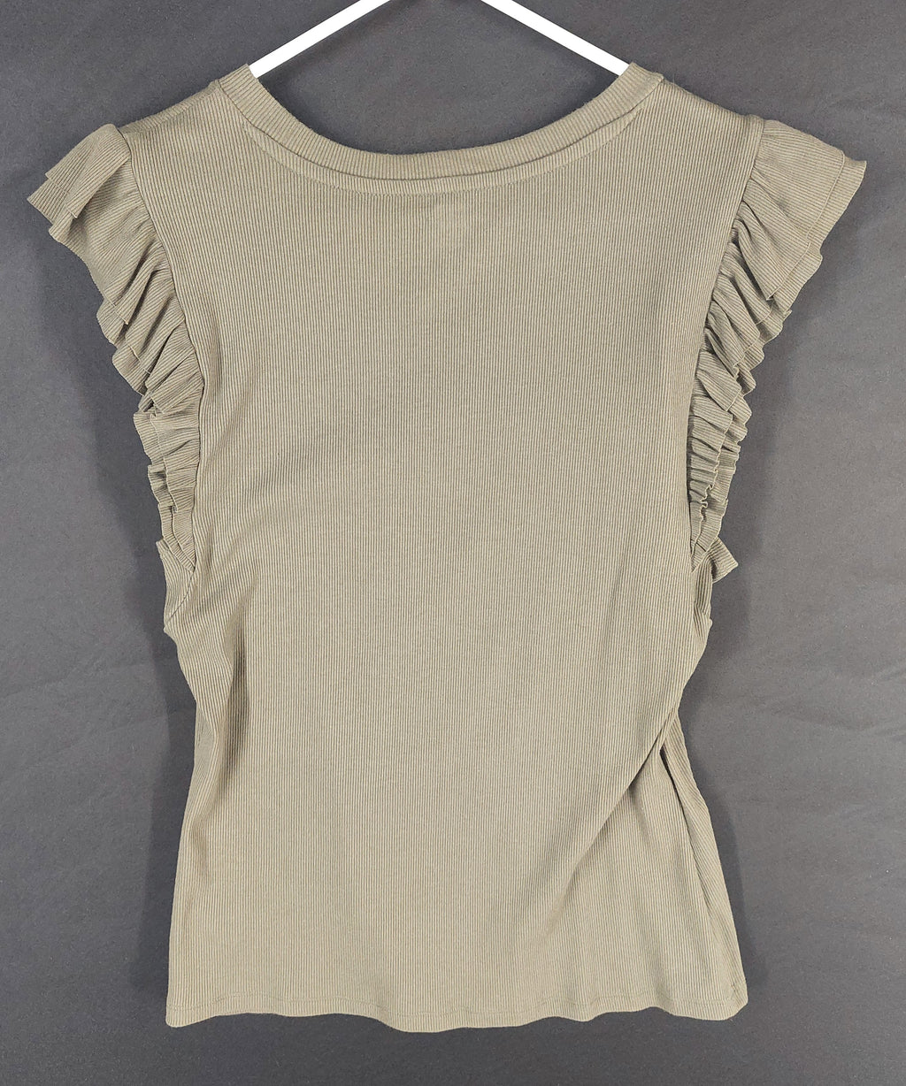 8-33 GAP Size L Olive Green Ribbed Ruffle Sleeve Top Crew Neck