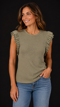 8-33 GAP Size L Olive Green Ribbed Ruffle Sleeve Top Crew Neck