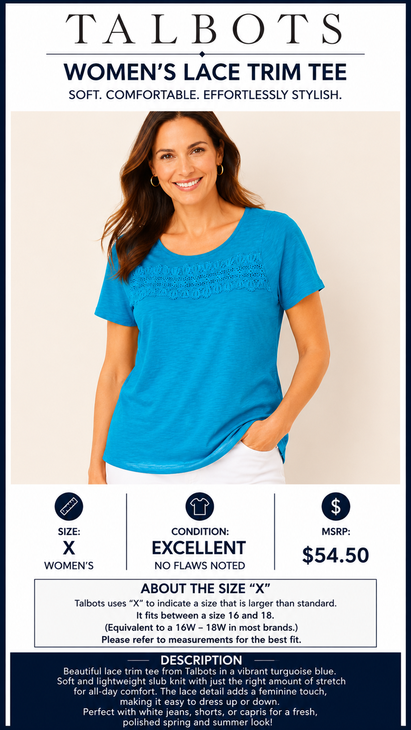 2 18 Talbots Lace trim Tee Blue Size 16-18