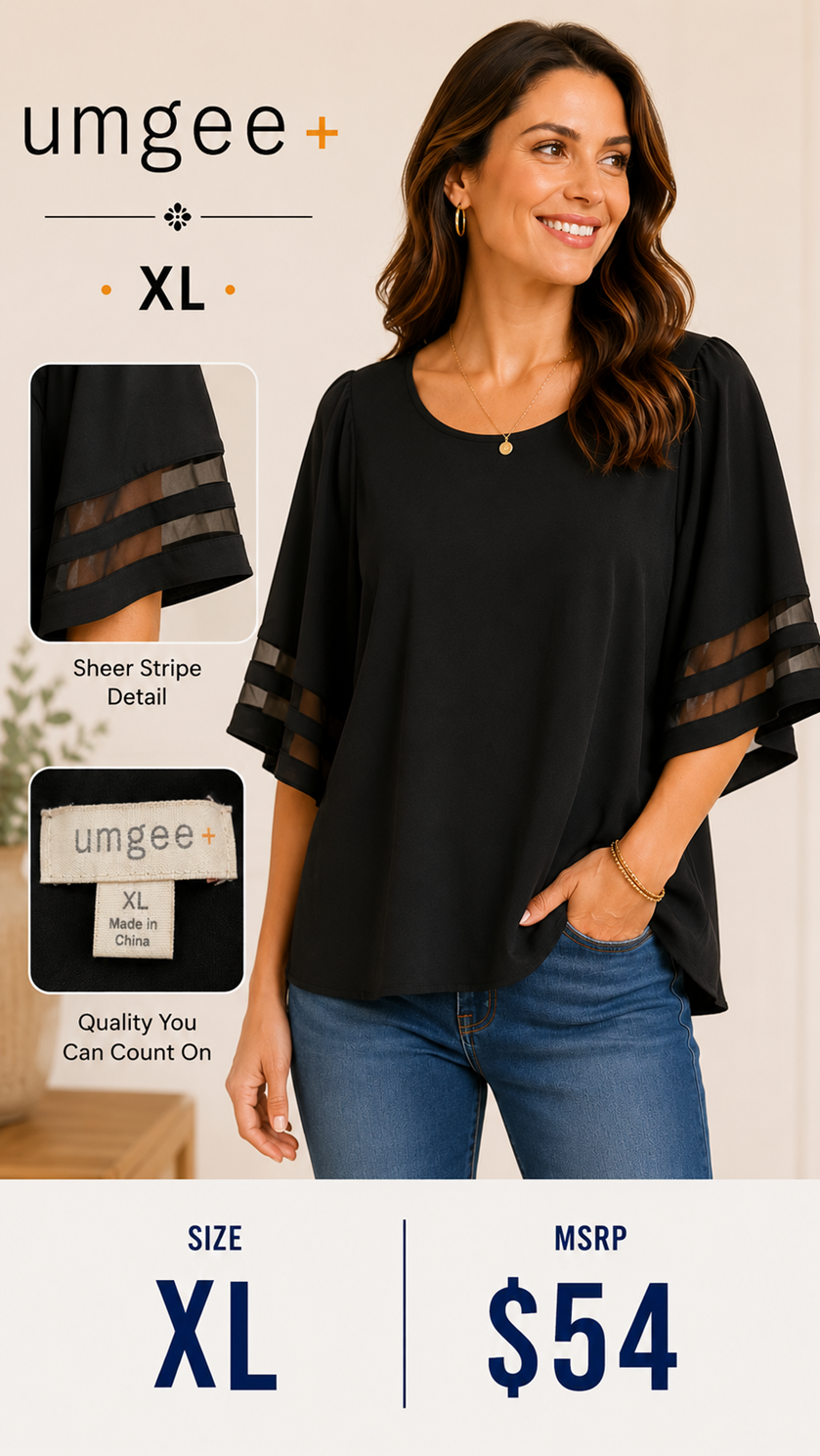 4 08 Umgee XL Black Flutter Sleeve Blouse Sheer Detail