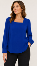 9-33 Ann Taylor Factory Petite Size XSP Blue Square Neck Long Sleeve Blouse