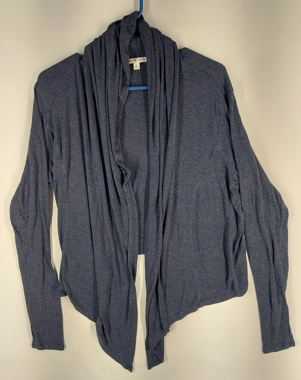 9-34 CAbi Size L Blue Draped Tie Front Cardigan Long Sleeve Lightweight Knit