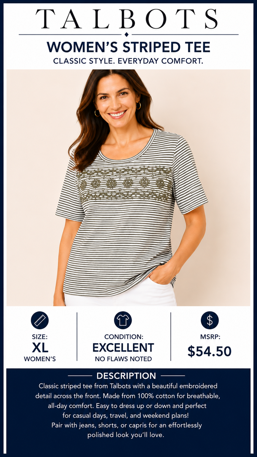 2 20 Talbots Vertical Stripe Tee Embroidered Front Light Green Size XL