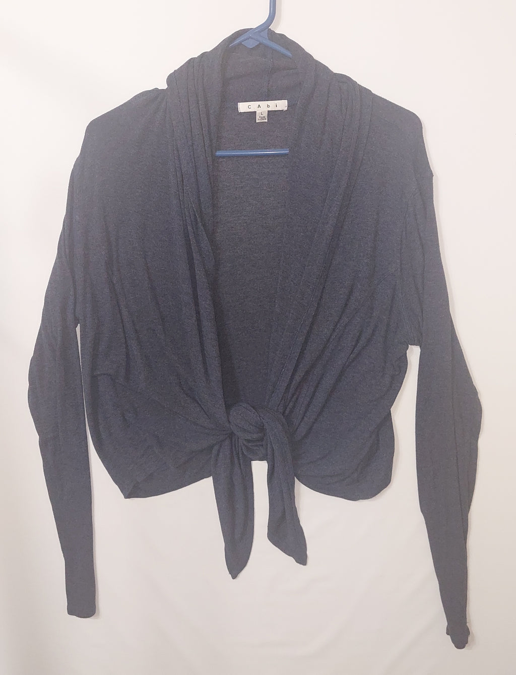 9-34 CAbi Size L Blue Draped Tie Front Cardigan Long Sleeve Lightweight Knit