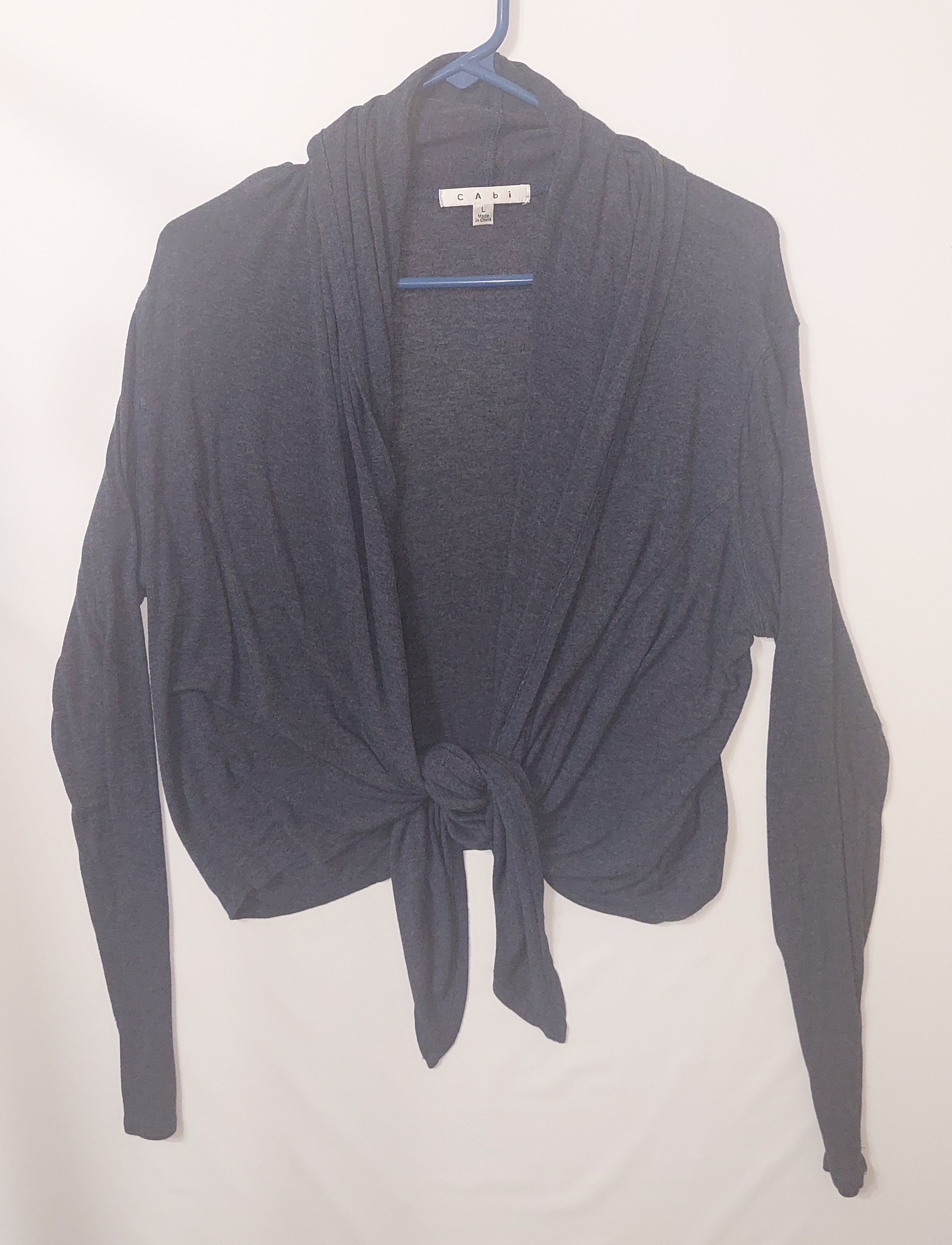 9-34 CAbi Size L Blue Draped Tie Front Cardigan Long Sleeve Lightweight Knit