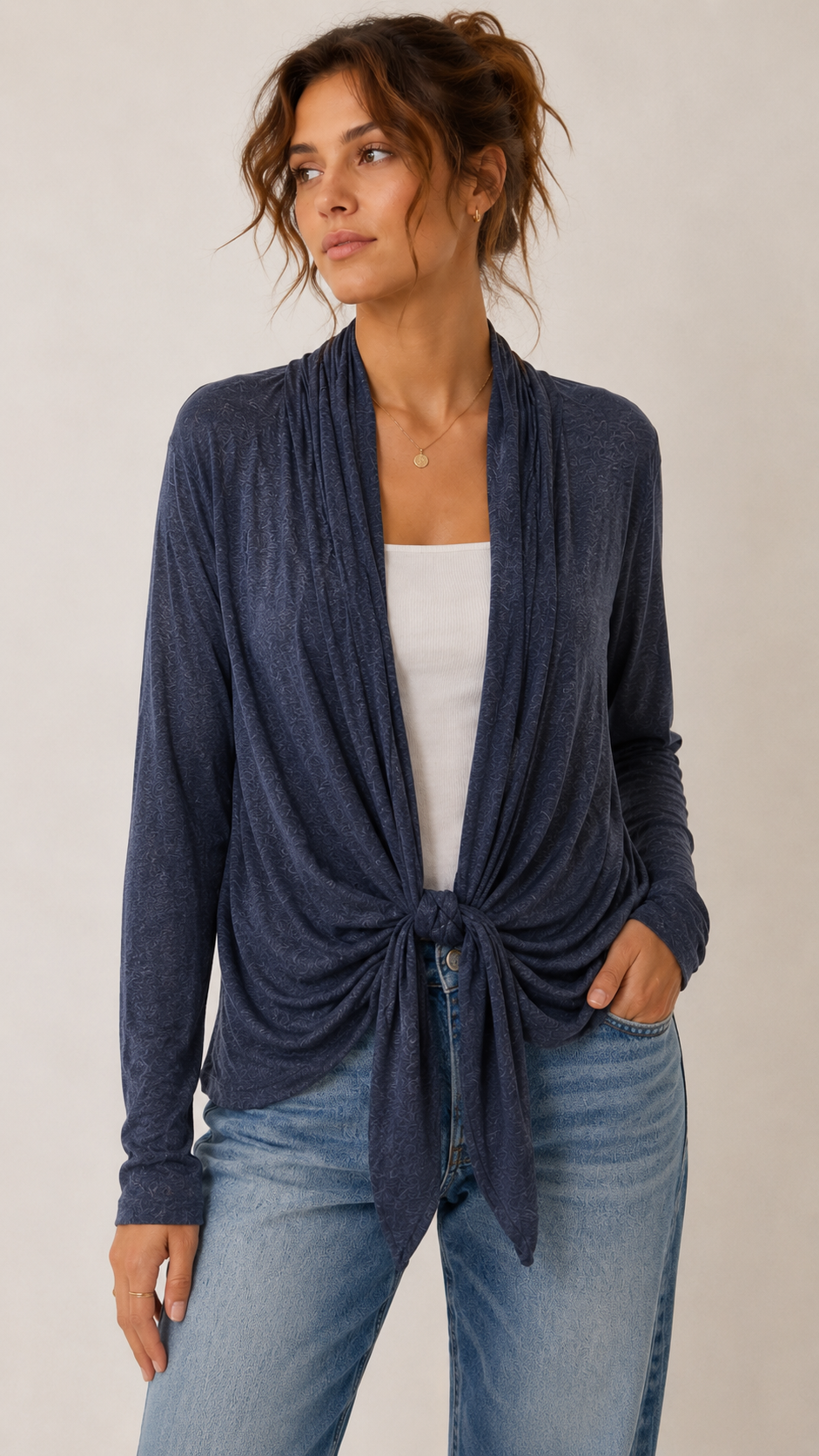 9-34 CAbi Size L Blue Draped Tie Front Cardigan Long Sleeve Lightweight Knit