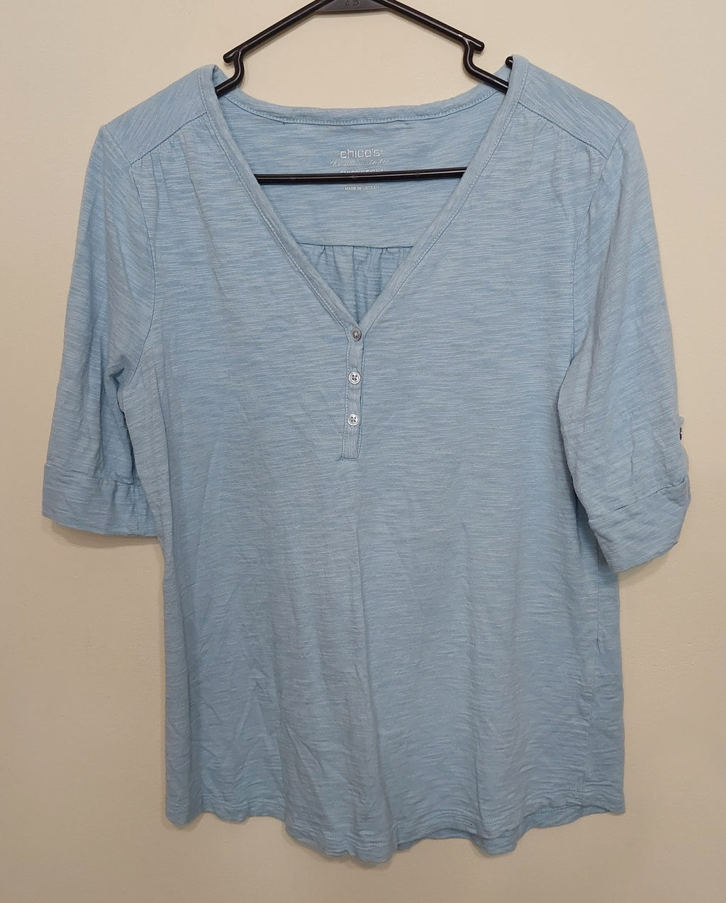 5 35 Chicos Travelers Light Blue Henley Roll Tab Top Size 1 Medium