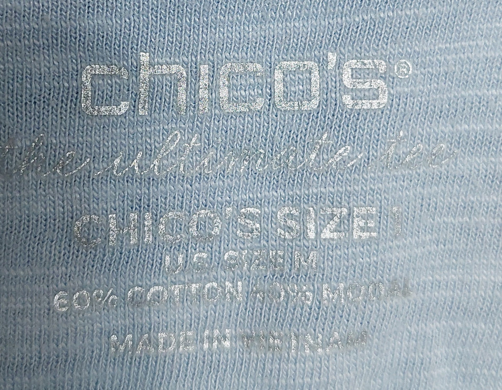 5 35 Chicos Travelers Light Blue Henley Roll Tab Top Size 1 Medium