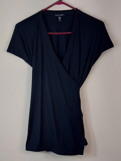 1 41 Eileen Fisher Black Wrap Short Sleeve Blouse Size M Petite