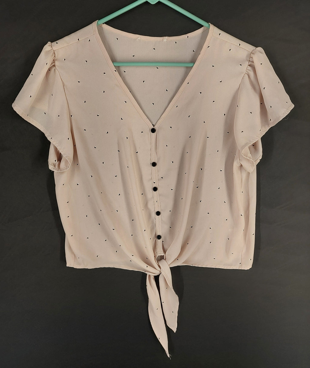 8-36 Unbrand Large Blush Pink Black Print Tie Front Button Flutter Sleeve Blouse